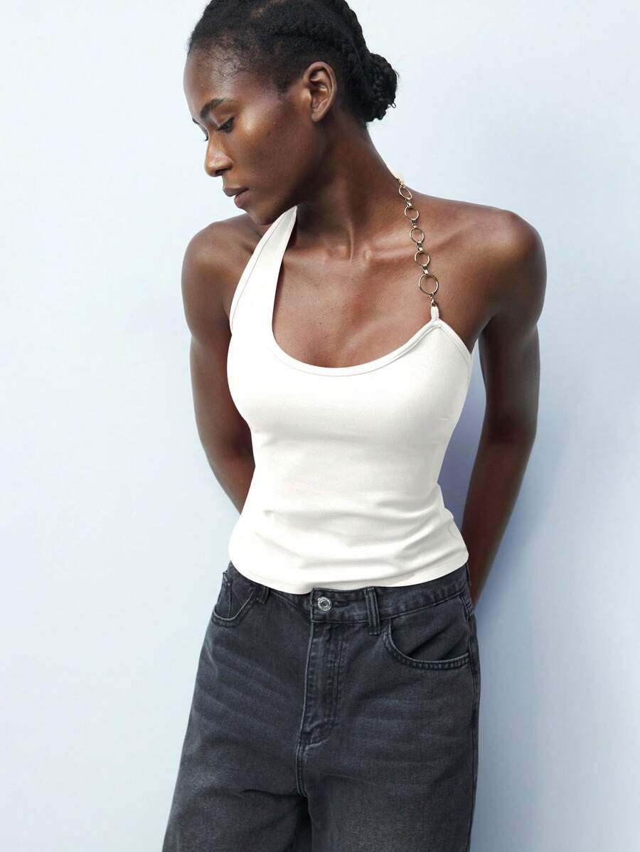 Maija Women's Solid Color Metal Chain Strap Fitted Tank Top Valentine's Day,Going Out Tops Women - White - View 1