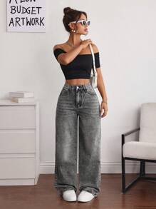 SHEIN ICON 女式宽松阔腿口袋休闲百搭牛仔裤 - 灰色 - 查看 6