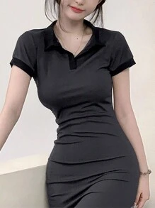 DAZY Women's Form-Fitting Color Block Short Sleeve Slim Fit Long Dress Sundress,Casual Women Dresses