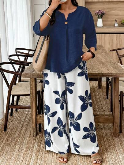 SHEIN Clasi Plus Size Boho Enfärgad Långärmad Casual Topp och långbyxor 2 delar Set, för sommaren