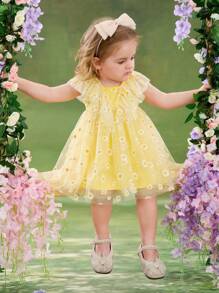 SHEIN Baby Girl Ditsy Floral Mesh Ruffle Edge Dress - Yellow - View 8