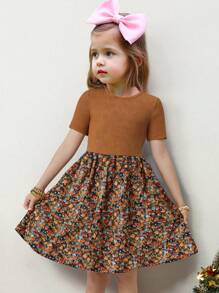 Emery Rose Kids Emery Rose Kids 年轻女孩春夏度假休闲拼布短袖连衣裙，针织纯色圆领缝线编织花裙，非常适合日常上学。