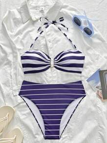 Summer Striped Print Top With Metal Decoration & Striped Briefs