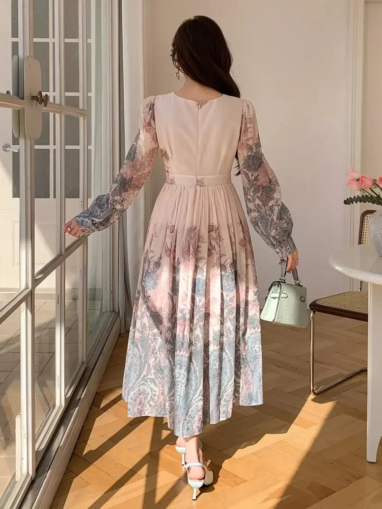 Knee-Length Floral Print Square Neck Dress For Women Elegant, Ruffle, Dress For Wedding, Fall Dress Long Sleeve Dress Easter Dress
