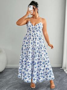 Elenzga Plus Size Elegant Ditsy Floral Lace-Up Backless Cami Dress - Blue and White - View 5