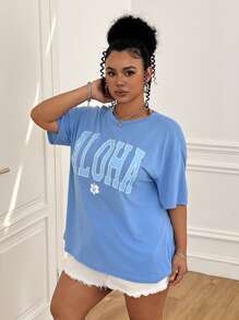 SHEIN EZwear Plus Size Summer Blue Letter Print Casual Vacation Loose T-Shirt