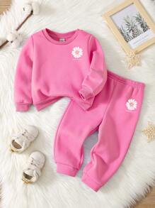 SHEIN 2pcs Baby Girls' Casual Simple Design Long Sleeve Top And Long Pants Set, Thickened For Autumn/Winter