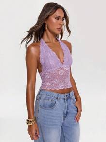 SHEIN BAE Lightweight Purple Lace Backless Halter Neck Sexy Bodycon Top, Elegant & Cute For Summer Vacation, Music Festival, Concerts, Date, Party - Purple - View 3