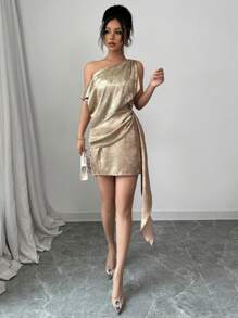 Elenzga Women Asymmetric Neck Ruched Metal-Tone Dress - Gold - View 5