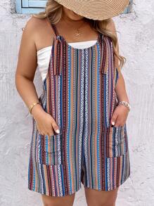 SHEIN VCAY Combi-short ample coloré à rayures, col rond, cordon de serrage et poches pour vacances décontractées, tenues d'été pour femmes, plage, vêtements d'été, tailles plus - Multicolore - Voir 3