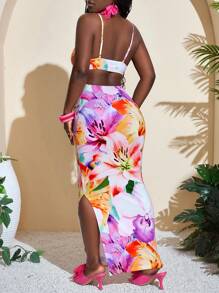 Slaydiva Elegant Floral Print Sleeveless Bodycon Dress For Women, With Waist Cutout Detail And Side Slit, Suitable For Summer Vacation