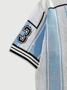 ROMWE MEN Prep Men's Jersey Casual Stripe V-Neck Short Sleeve Knit Tops - Baby Blue - View 4