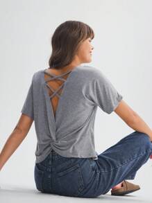 SHEIN LUNE Women's Criss-Cross Strap Backless Twist Floral Print Casual Comfortable T-Shirt - Grey - View 4