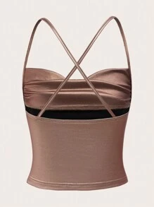 SHEIN ICON Áo ba lỗ hở lưng bằng da PU có dây buộc phía trước - Bụi hồng - Xem 2