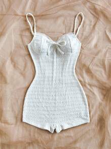 Soleia Sexy Textured Fabric Lace Trim Spaghetti Strap Romper For Women, Fitted Style, Suitable For Vacation, Music Festival, Bohemian, Holiday, Date Night, Afternoon Tea, Beach Outfit - White - View 5