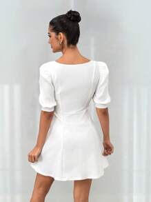 SHEIN Unity Young Elegant Solid Color Puff Sleeve Button Decor Dress - White - View 2
