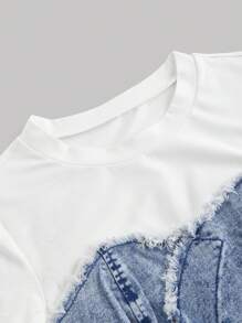 SHEIN MOD 大码女式牛仔短袖圆领上衣、夏季时尚、7 月 4 日、外出上衣、可爱夏季上衣、音乐会、生日上衣、巡航、早午餐、女式夏季上衣、紧身胸衣上衣、大码夏季上衣、牛仔上衣、老钱风格女装、牛仔布、不对称上衣 - 淺色水洗藍 - 查看 4