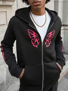 PAVTROS 男士蝴蝶印花拉链连帽运动衫，保暖内衬 - 黑色 - 查看 3