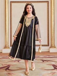 SHEIN Set de 2 piezas con vestido de niña preadolescente bordado con lentejuelas y chaqueta con superposición de malla - Negro - Ver 5