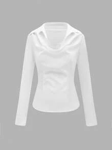 SHEIN Unity Women's Basic Solid Color Vintage Lapel Collar Waist Cinched Long Sleeve Blouse, Mermaid Style For Office/Commute, Spring/Autumn - White - View 1