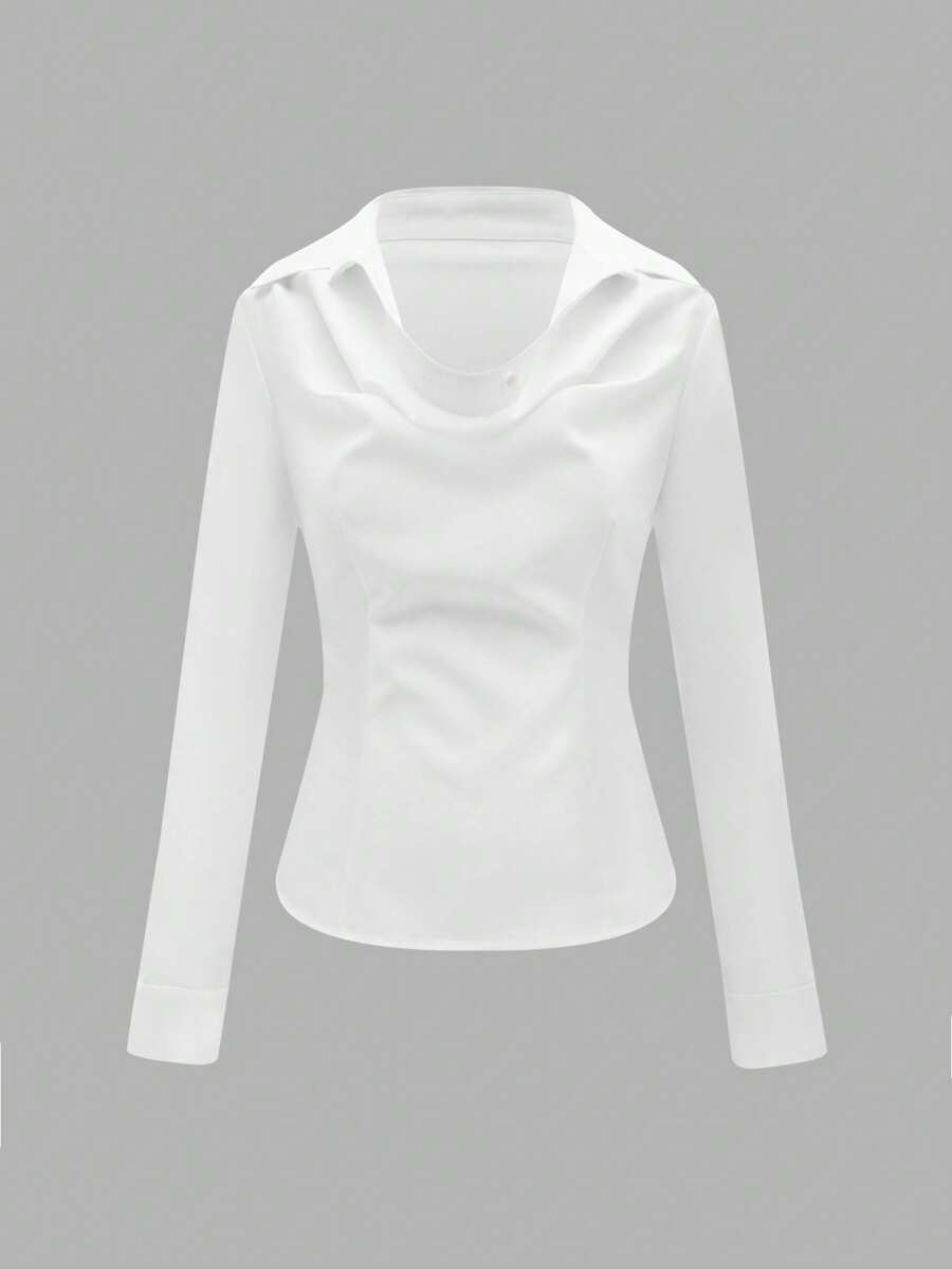 SHEIN Unity Women's Basic Solid Color Vintage Lapel Collar Waist Cinched Long Sleeve Blouse, Mermaid Style For Office/Commute, Spring/Autumn - White - View 1