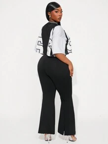 SHEIN SXY 2pcs/Set Plus Size Women Letter Print Short Sleeve Top And Flare Pants - Multicolor - View 2