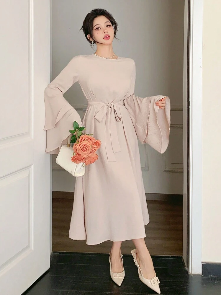 DAZY Vestido de longitud media con cuello redondo, mangas acampanadas y cintura marcada en unicolor para mujer. Vestido de fiesta, con volantes, vestido de boda, vestido de otoño de manga larga, vestido elegante para mujer, vestido largo tipo maxi - Beis - Añade 8