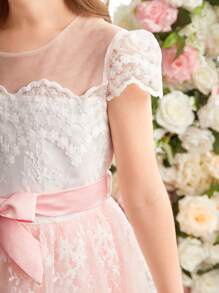 Tween Girls Embroidered Lace Round Neck Charming Ruffled Dress & Bowknot Waist Dress - Pink - View 5