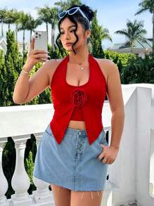 SHEIN EZwear 大码春季情人节浪漫红玫瑰花朵细肩带吊带背心上衣 - 紅色 - 查看 1