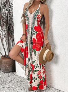 Breezaya Women's New Fashion Summer Vacation Spaghetti Strap Neck Print A-Line Dress