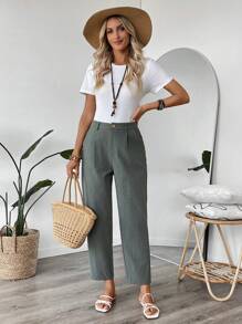 EMERY ROSE Women Solid Color Pleated Straight Leg Casual Pants - Green - View 3