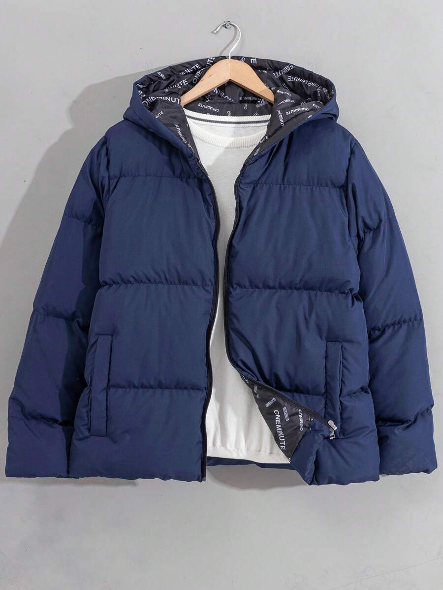 SHEIN Cottnline Men Allover Printed Lining Regular Hooded Padded Coat - Navy Blue - View 1