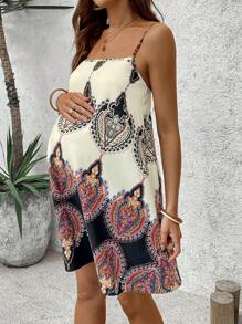 SHEIN Pregnant Women's Vacation Retro Floral Positioning Print Shoulder Straps Can Be Adjusted To Fit The Dress - Multicolor - View 5