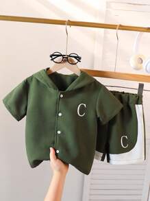2pcs/Set Young Boy Casual Letter Printed Hooded Short Sleeve T-Shirt And Shorts Set, Summer
