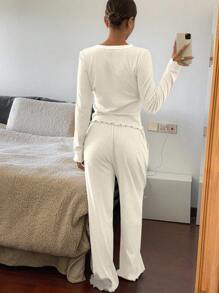 Livesso Pijama de primavera, conjunto de body con aplicación de encaje, lazo y dobladillo ondulado, para vacaciones