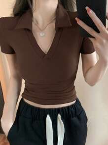 DAZY 女式休闲纯色修身 Polo 领短袖 T 恤夏季