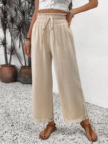 Breezaya Women's High-Waist Lace Patchwork Pants, Comfortable Summer - Apricot - View 5