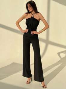 Aloruh Mono de moda para mujer con cuello drapeado de unicolor - Negro - Ver 3
