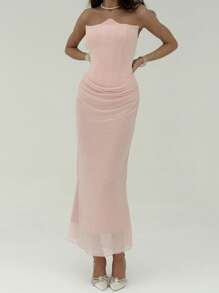 Aloruh 女士纯色褶皱无袖长裙 - 粉色 - 查看 1