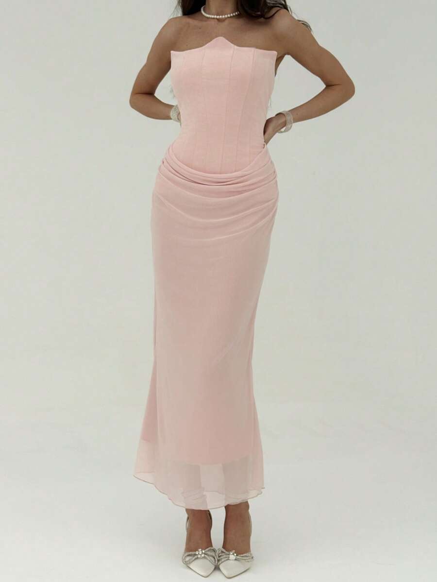 Aloruh 女士纯色褶皱无袖长裙 - 粉色 - 查看 1