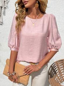 EMERY ROSE Women's Solid Color Round Neck Lantern Sleeve Casual Shirt Summer Shirts Summer Outfits For Women - Pink - View 3