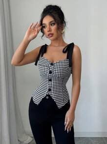 Elenzga Spring/Summer Vacation Bohemian Houndstooth Bowknot Sleeveless Fitted Tank Top For Women - Multicolor - View 5