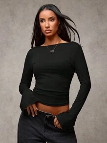 SHEIN BAE 新年红色弹力针织露背喇叭袖上衣，派对女士上衣，基本款长袖上衣，新年上衣 - 黑色 - 查看 4