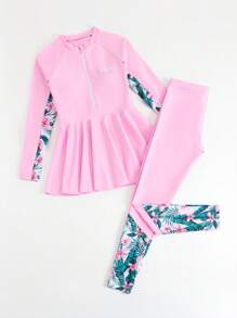 SHEIN Tween Girl Tropical Print Patchwork Swimwear Set Summer Holiday Summer Pink Swim Bohemian Summer Holiday Cute - Pink - View 6