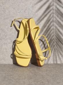 SHUZIA Casual Solid Faux Leather Gold Flat Sandals - Yellow - View 2