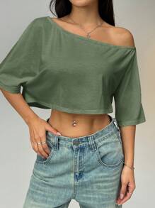 SHEIN EZwear Casual Solid Color Boat Neck Loose Short Hem T-Shirt - Green - View 1
