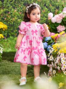 Fern Glow 女婴休闲可爱粉色蝴蝶结夏季连衣裙