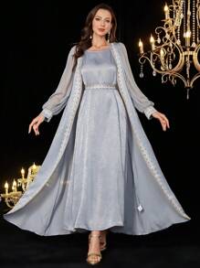 Al Najma Women's Grey-Blue Acetate Velvet Sleeve & Chiffon Panel Dress With Ruffle Trim And Waist Tie+ Abaya Jacket Set - Baby Blue - View 7