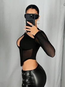 SHEIN ICON Fashionable Sexy Long Sleeve Mesh Panel Cut-Out Cold Shoulder Crop Top Spring Outfits For Women Summer Concert Outfit Women Easter Women St Patrick Day Outfit