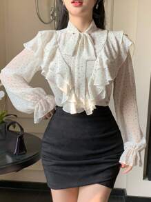 DAZY 女式波尔卡圆点荷叶边领休闲衬衫，时尚日常穿着，秋季女装长袖上衣 - 米色 - 查看 7